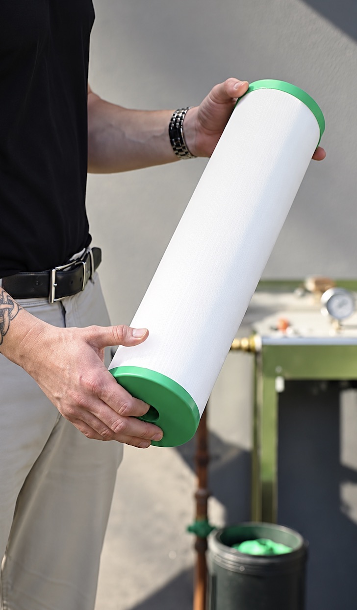 A new white filter cartridge with green end caps, held up to the camera